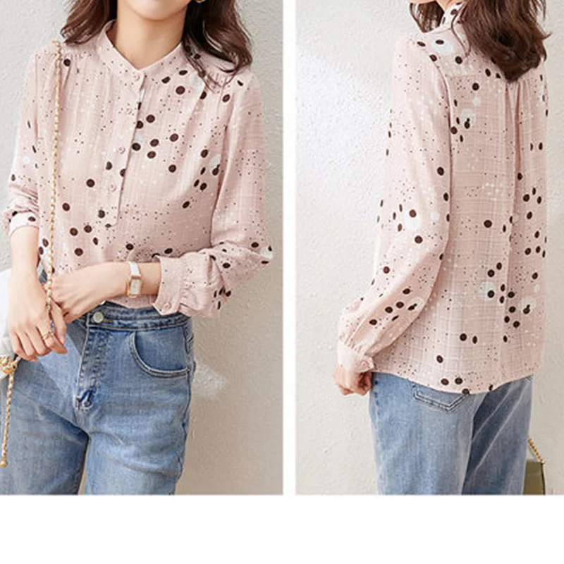 Stand Collar Polka Dot Printing Chic Shirt 2022 Spring Autumn Commute Long Sleeve Single Breasted Fashion Women Chiffon Blouses