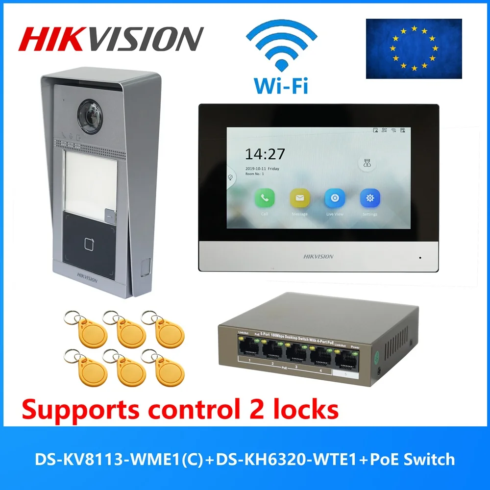 HIKVISION Original Multi-language 802.3af POE Video intercom KIT,include DS-KV8113-WME1(C) & DS-KH6320-WTE1 & PoE Switch