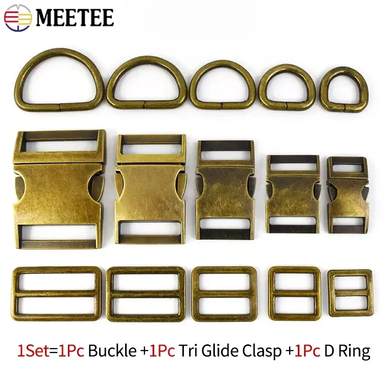 1Set Meetee 15-38mm Bronze Metal Side Release Buckle D Ring Clasp Bag Strap Tri Glide Adjust Carabiner Pet Collar Connector Hook