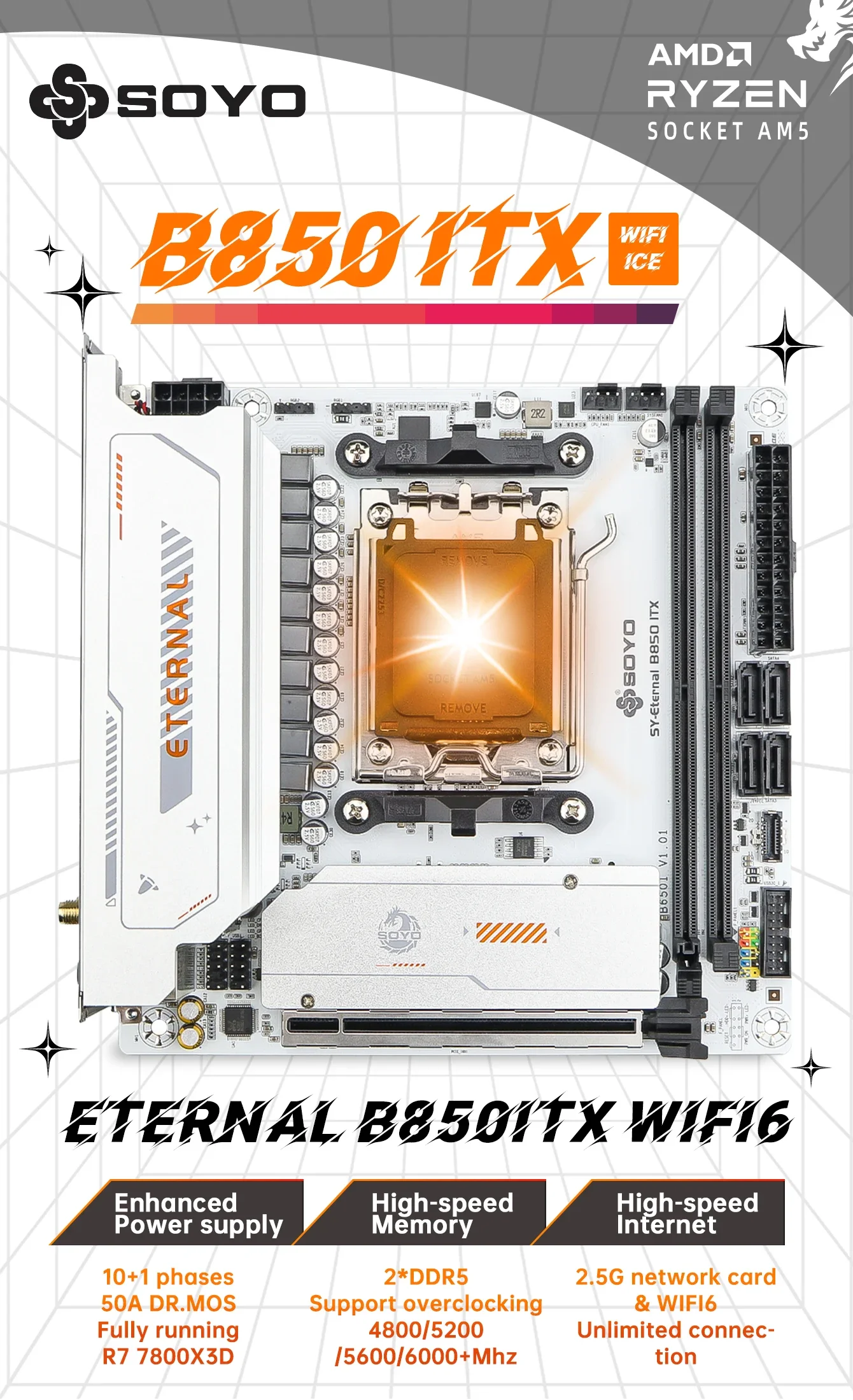SOYO B850ITX WiFi6 Gaming-Mainboard Dual-Channel DDR5 AM5 Unterstützt Ryzen 7800X3D 9900X CPU PCIE5.0 NVME Typ-C AMD Hauptplatine – Detail 1