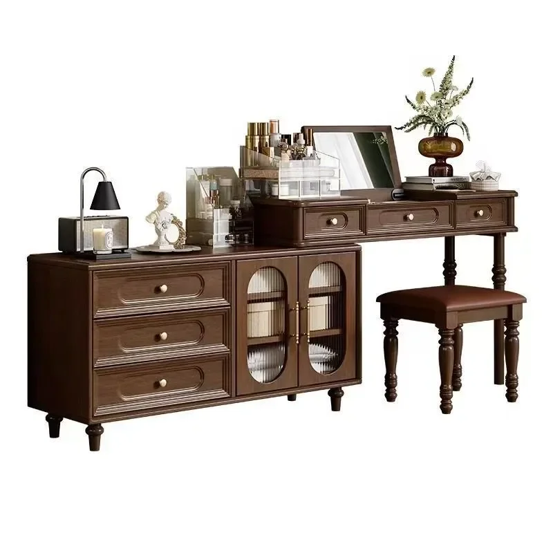 French Retro Rubber Wood Dresser Antique Bedroom Corner Makeup Table Vanity Chest Cabinet with Storage Nightstand for Small