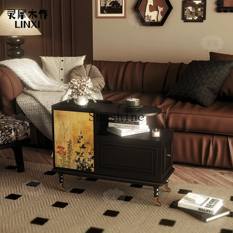 

Wabi Sand Wind Multifunctional Coffee Table Solid Wood Cart Living Room Bedside Movable Locker FT