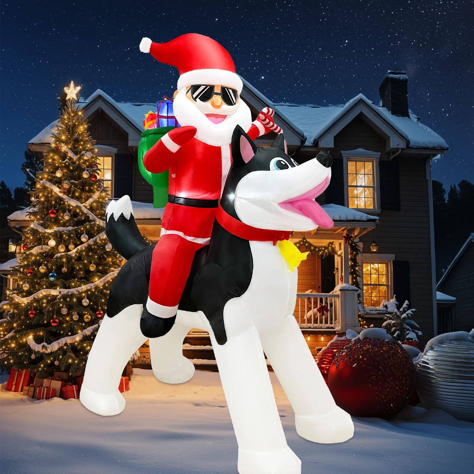 8FT inflatable Christmas outdoor decoration, Santa Claus riding a husky, fun Christmas patio decoration