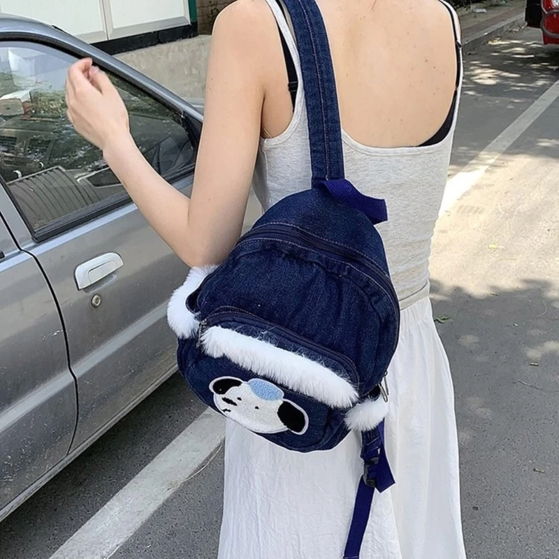 Mochila pequena jeans com detalhe pelúcia peluda para compras casuais compras com apliques cachorro, bolsa escolar