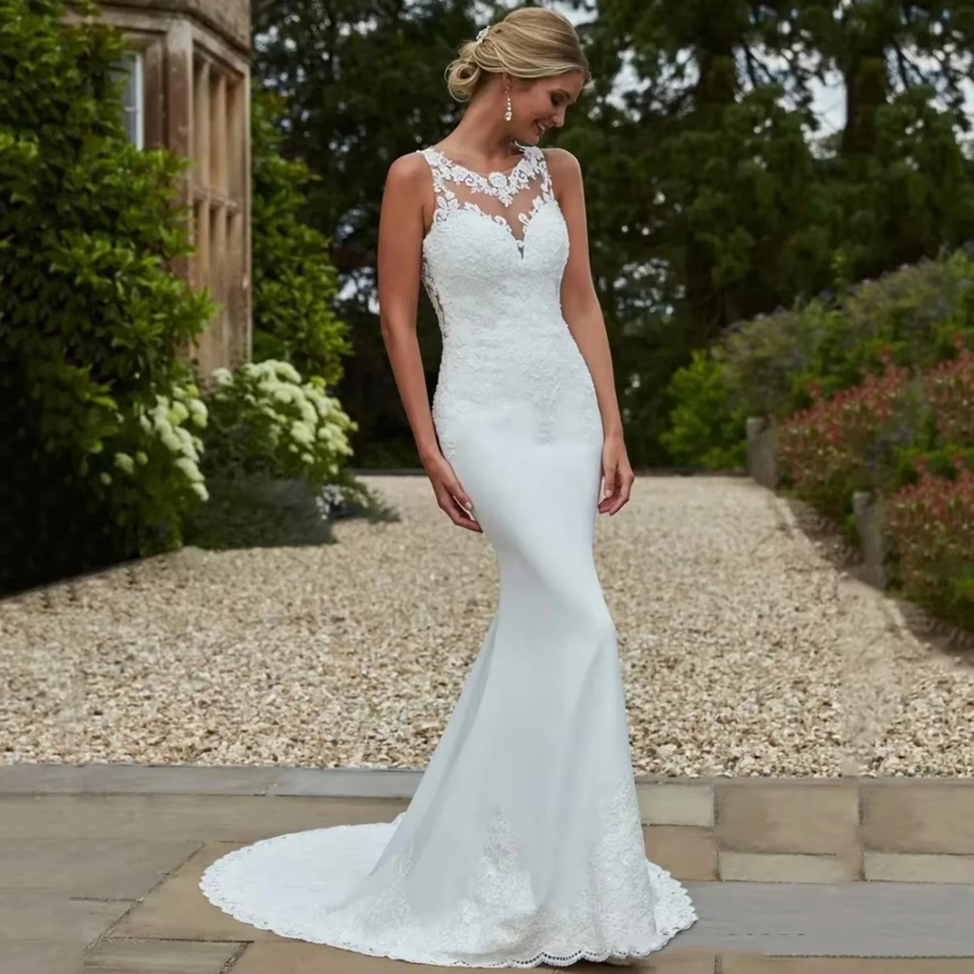 

JEHETH Lace Elegant Wedding Dress Tank O Neck Bride Dress Applique Mermaid Bridal Gowns Sweep Train Vestido De Novia Customized