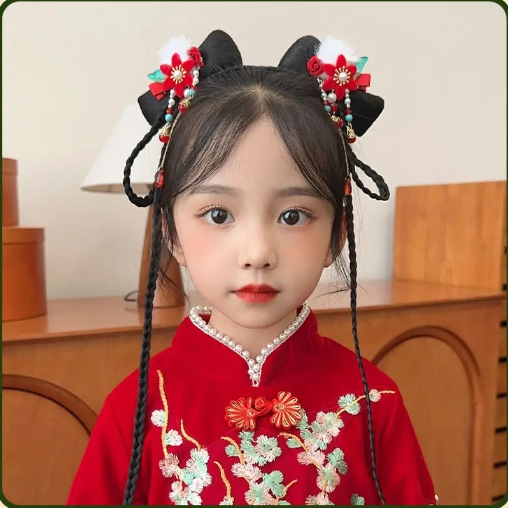 Tassel Children Red Hairpin Plush Flower Chinese New Year Headwear Baby Headwear Girl Hair Accessories Ancient Style Hairpin