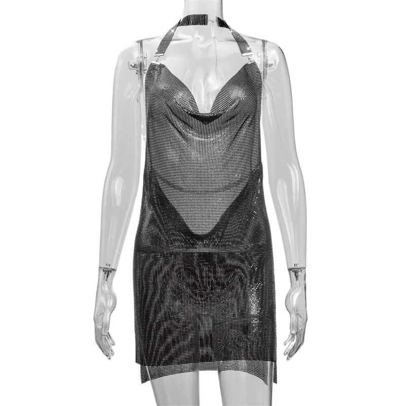 Musik Festival Frauen Sexy Pailletten Minikleid Metallic Zubehör Mesh Körper Kette Nachtclub Party Kleider Rückenfrei Prinzessin Retro – Detail 6