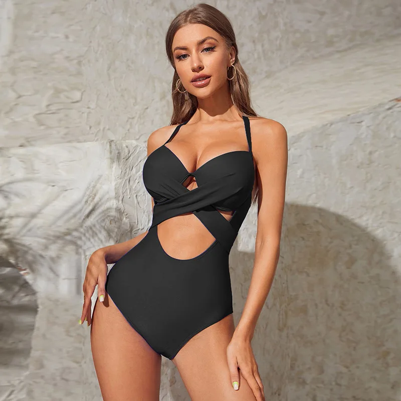 New Solid Color One-Piece Swimsuit for Women Sexy Slimming High-Waist Bikini with Beautiful Back