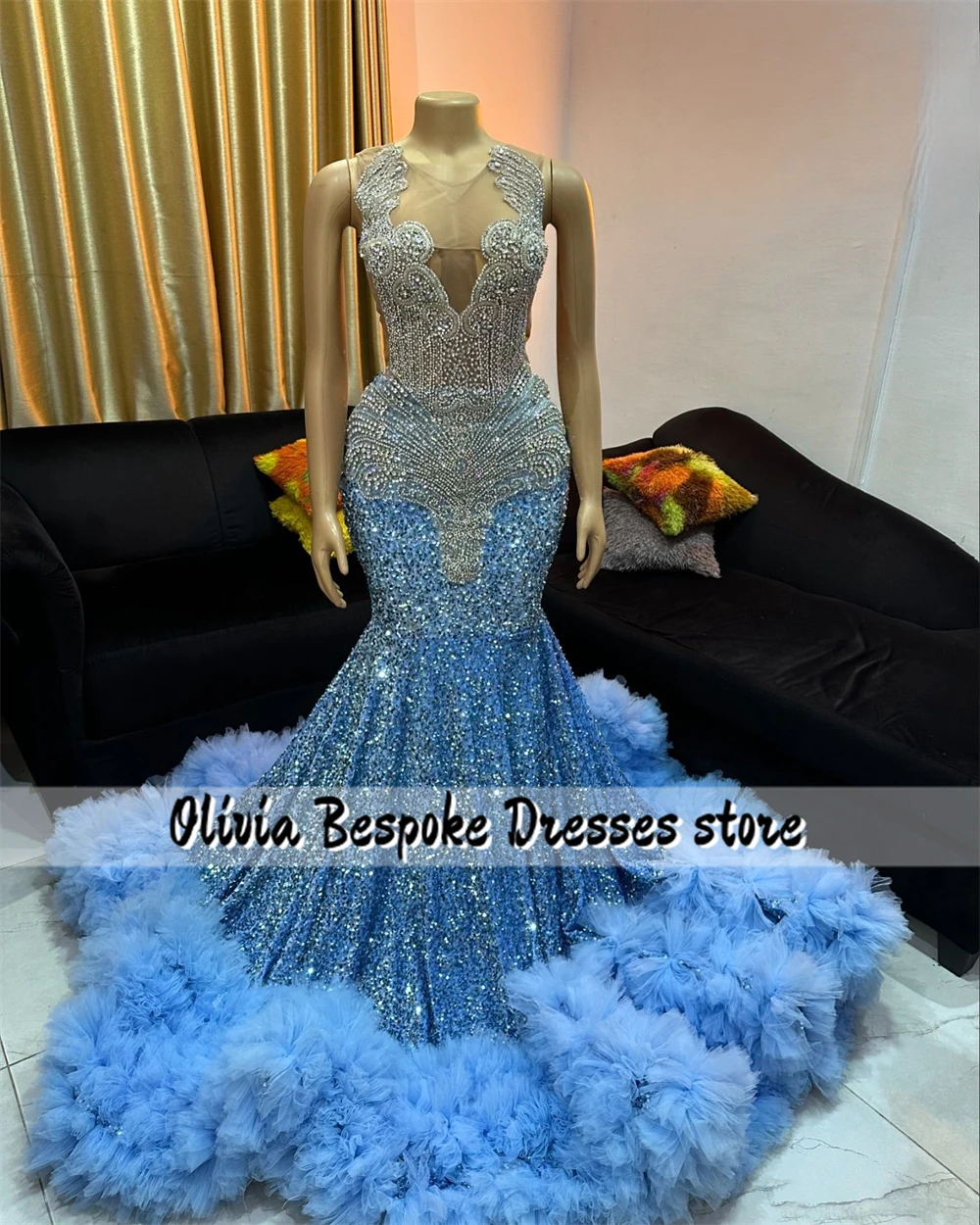 Sparkly Blue Sequin Prom Dresses Black Girls Tulle Ruched Silvery Crystal Beading Party Gown Mermaid Birthday Dress Luxury 2025