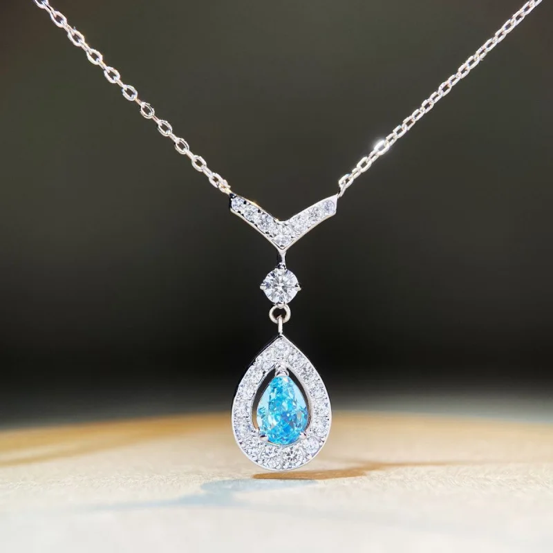 S925 pure silver water droplet necklace, women's V-shaped pear shaped sea blue treasure pendant, simple and versatile