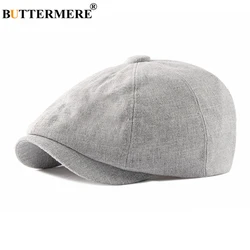 BUTTERMERE Linen Newsboy Cap Men Beret Hat Spring Summer Light Gray Eight Panel Hat British Style Vintage Casual Octagonal Cap