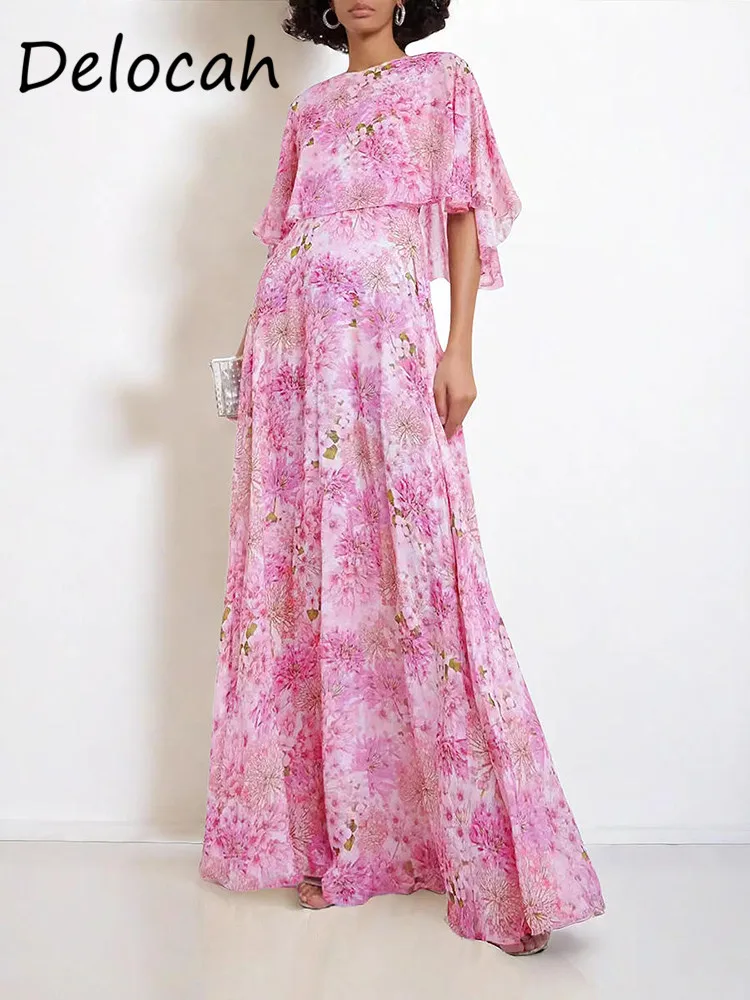 Delocah Beautiful Floral Femininity Gentle Style Pink Long  Waist Slimming Elegant Summer New Style Long Dress