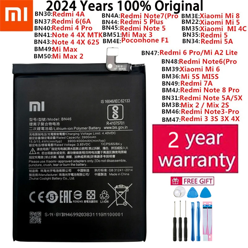 2024 100% Original Xiaomi Redmi Hongmi Note Mi Mix 2 A2 3 3S 4 4A 4C 4X 5 5A 5X 5S 6 6A 6X 7 8 M8 9 Lite Plus Pro Phone Battery