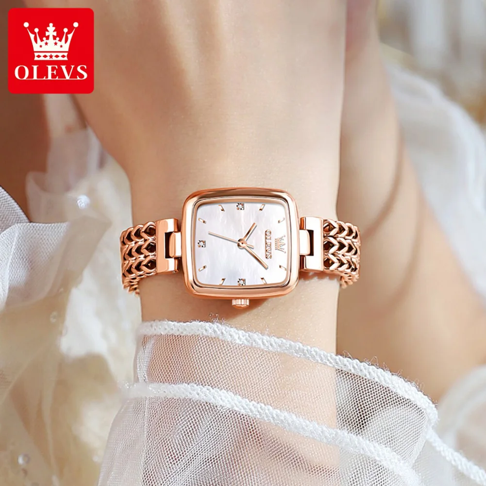 OLEVS 9951 Luxury Quartz Watch for Women Solid Stainless Steel Strap Rose Gold Women\'s Watches Elegant Square Ladies Wristwatch