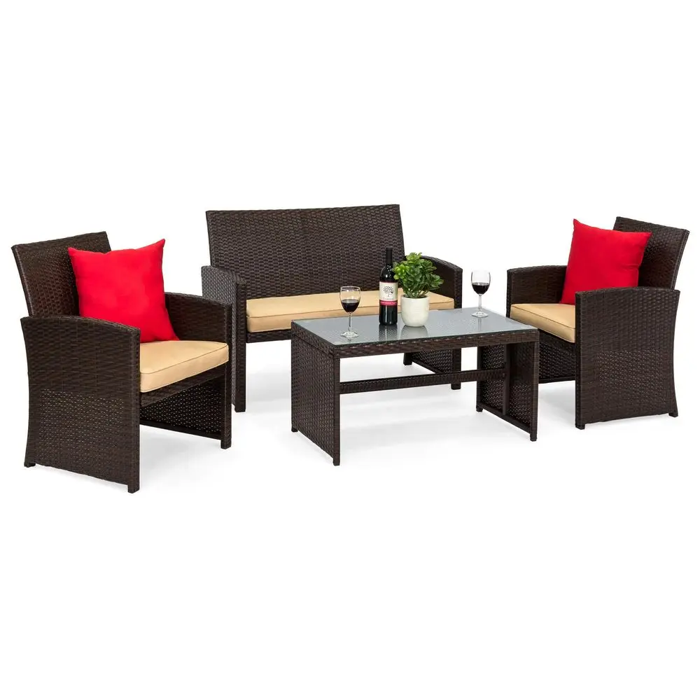 

4Piece Outdoor Wicker Patio Conversation Furniture Set for Backyard w Coffee Table, Seat Cushions Brown Beige