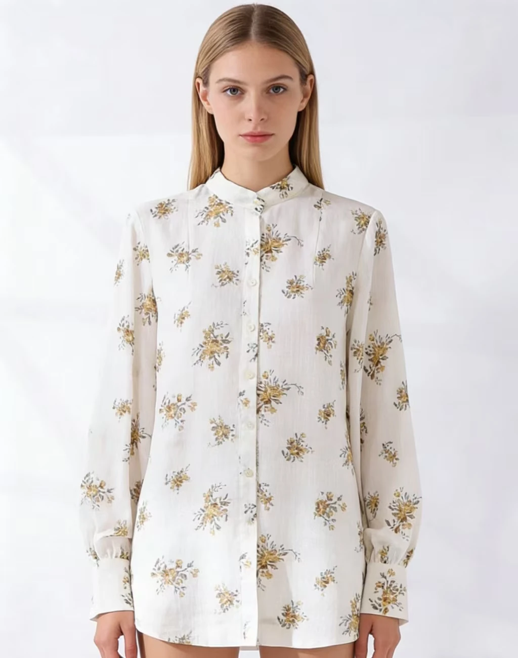 

fenggejiwo Women's Linen Shirt Long Sleeve Small Stand Collar Printed Linen Casual High Quality Shirt