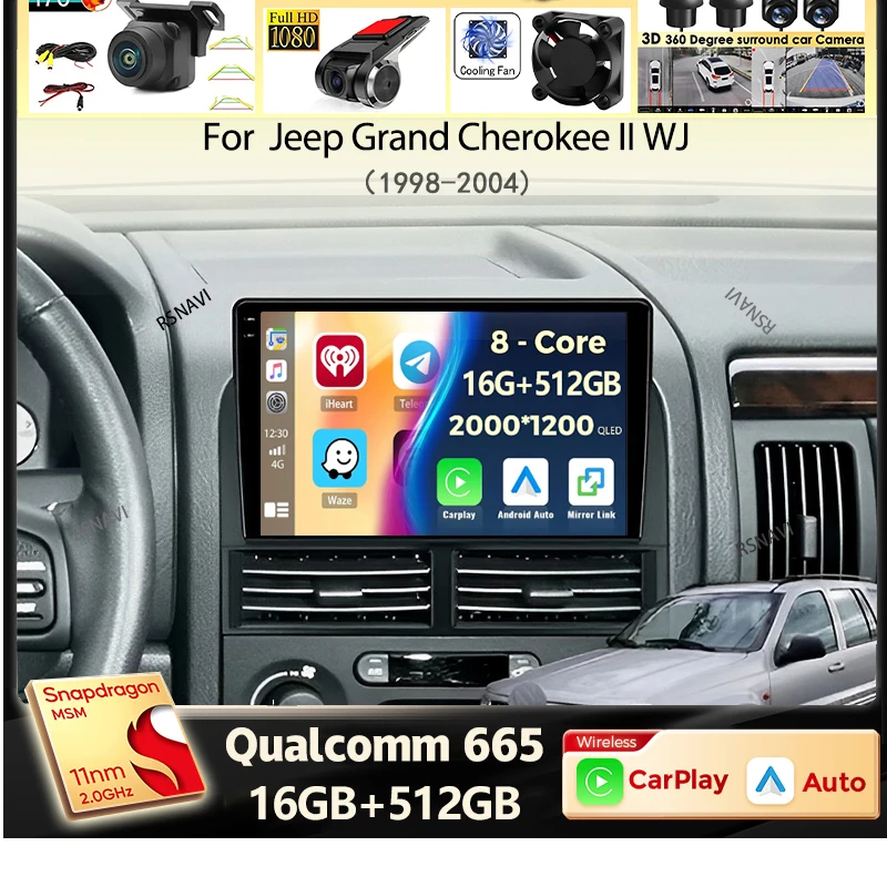 Android 16 Carplay Auto Car Radio For Jeep Grand Cherokee II WJ 1998 - 2004 Navigation GPS Multimedia Player Stereo WIFI+4G 2DIN