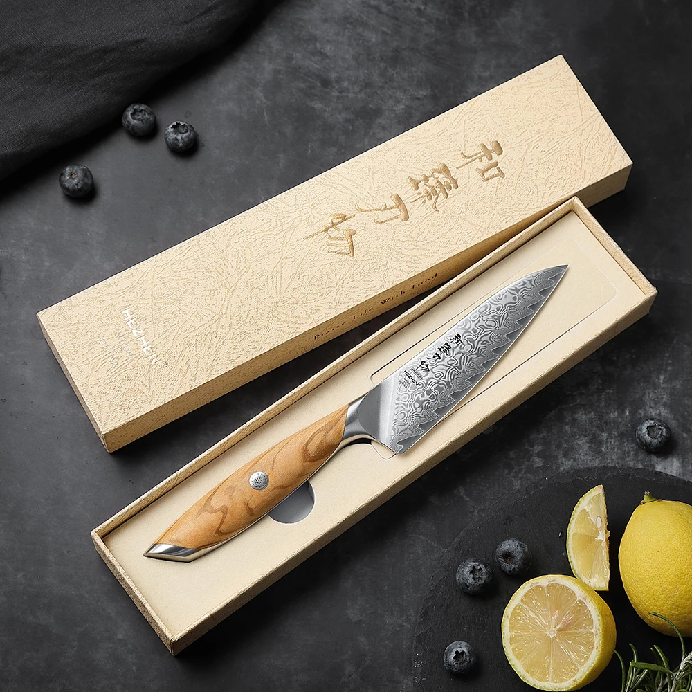 HEZHEN 5 Inch Utility Knife 73 layers Powdered Steel Core Damascus Steel Durable Sharp Cutlery Kitchen Knife