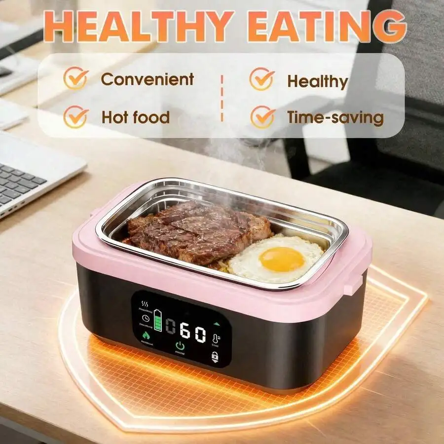 Cordless Heated Lunch Box, 20000mAh 1.35L 360° Even Heating With 65-100℃ Adjustable Temp Timed Keep Warm, Portable Food Warmer F