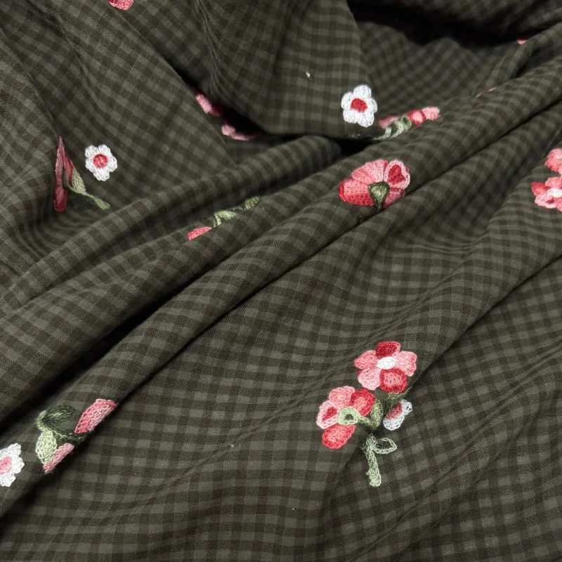 Army Green Plaid Check Embroidered Pure Cotton Fabric Skin Friendly Breathable Shirt Dress Handcraft Sewing DIY Apparel Material
