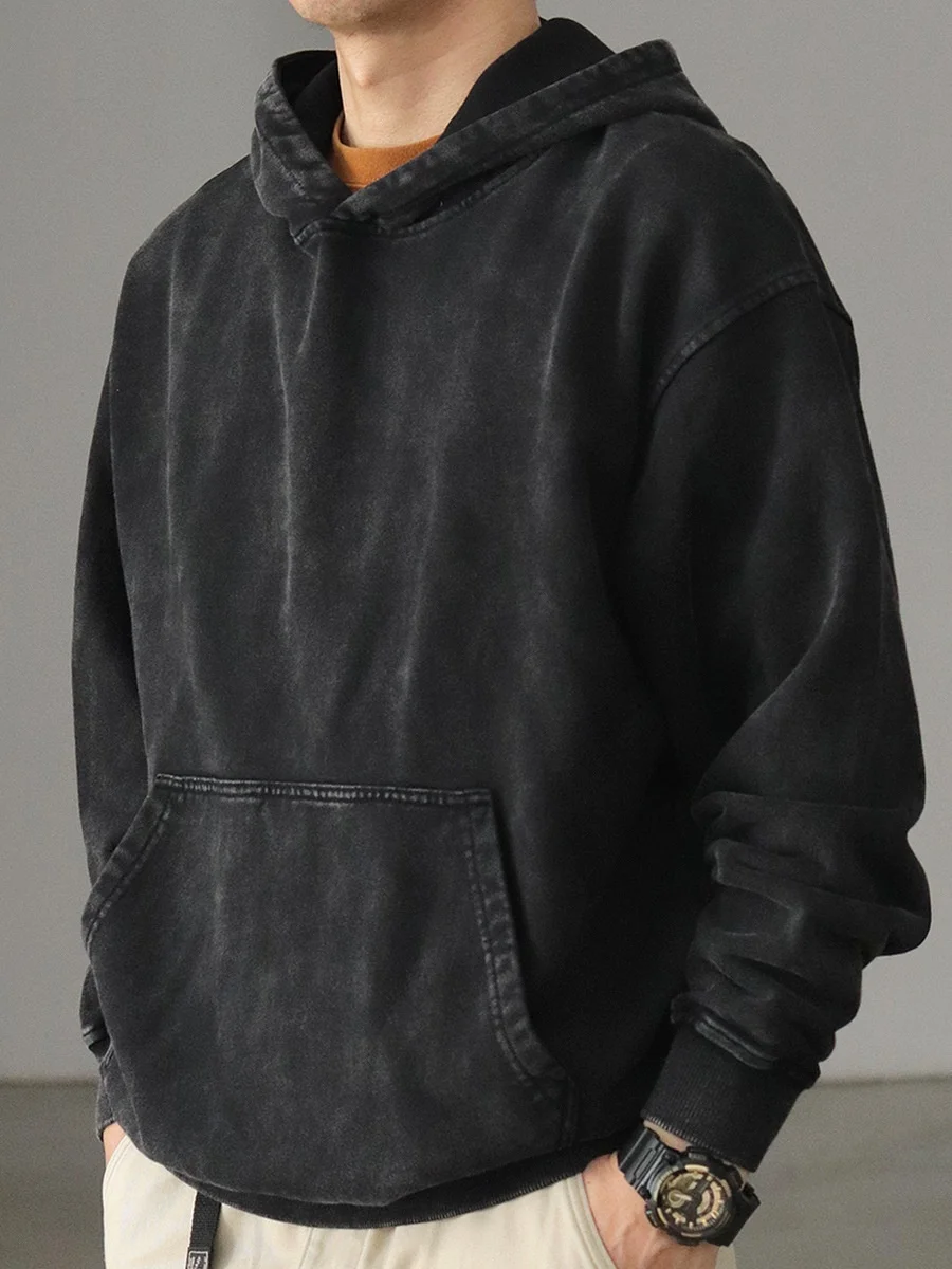 Men's Retro Washed Hoodies 100% Cotton Tops Black Acid Vintage Hooded Sweatshirts Oversize Hip Hop Male Pullover