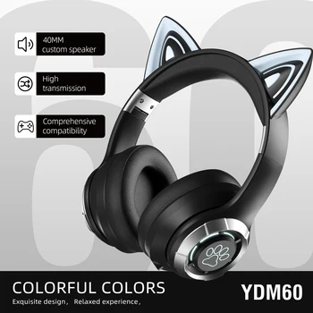 LED YDM60 고양이 귀 머리 장착 블루투스 이어폰, 컬러 접이식 고음질 소음 감소, 레저 스포츠 수면 보조 이어폰
