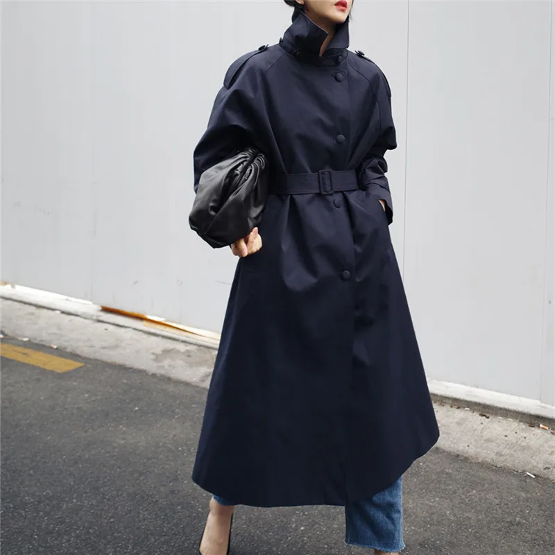 

Pure Poet Women's Mid-Length Korean Sle Coat Long Sve Stand Collar Waist-Cinching Faionable Ladies' Jaet