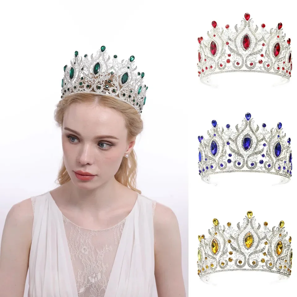 

Luxury Crystal Hair Accessories Bridal Tiara Headwear Emerald Alloy Electroplated Wedding Baroque Queen Diadem for Miss Pageant