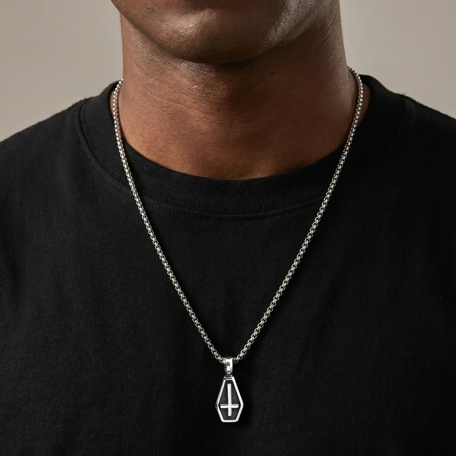 Vnox Men's Inverted Cross Coffin Pendant Necklace, Gothic Punk Style Stainless Steel Box Chain, Anti-rust Hip Hop Jewelry Gifts