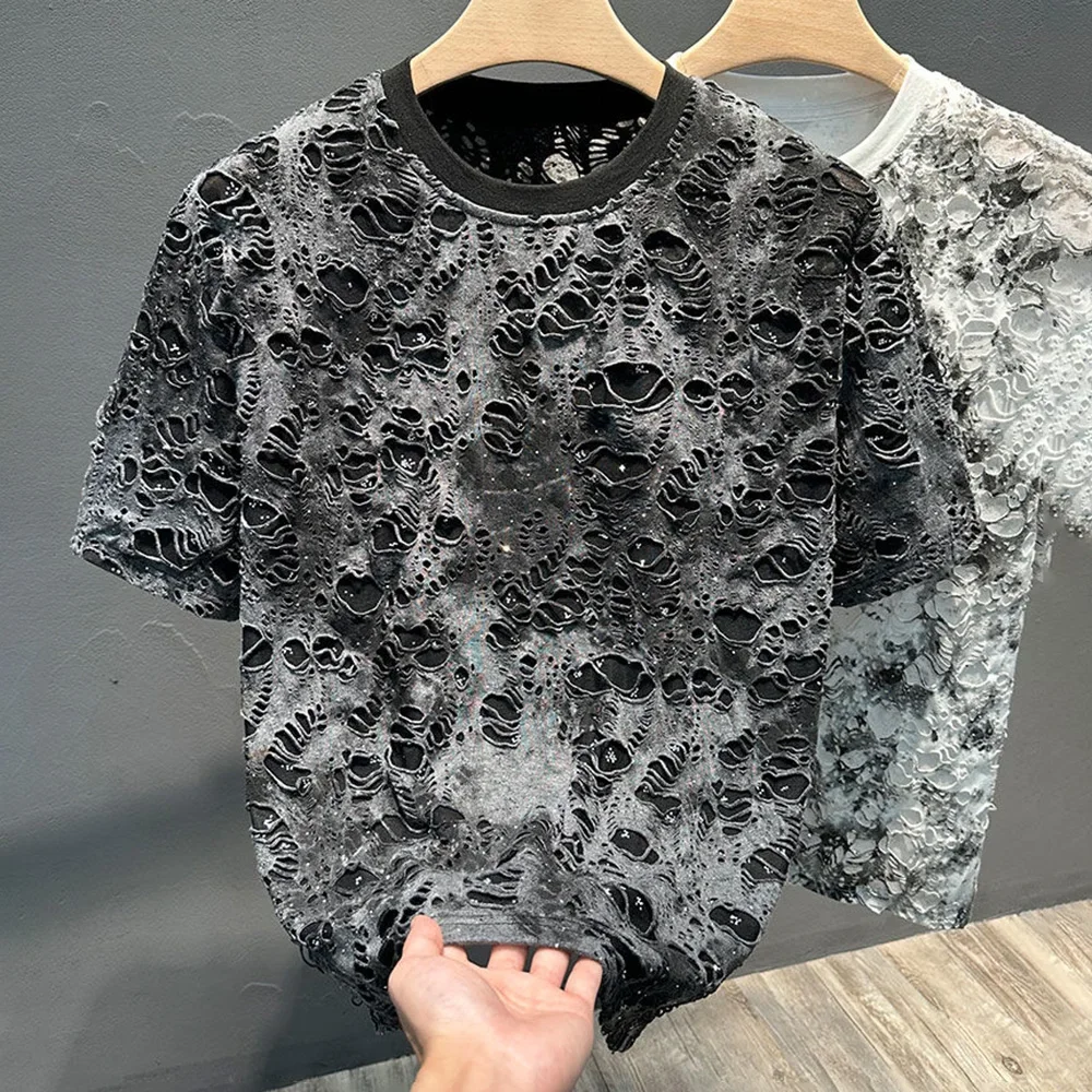 Mens T-Shirts Casual Tie-Dye Ripped T-Shirts Summer Niche Lightweight Unique Versatile Fashion Short Sleeve Tops Men'S Wear