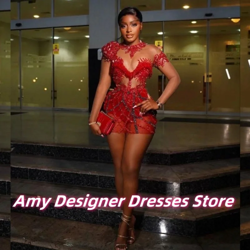 Sexy Red See Through Mini Prom Dresses African Girls Beaded Applique High Neck Birthday Party Dress Cocktail Gowns Customized