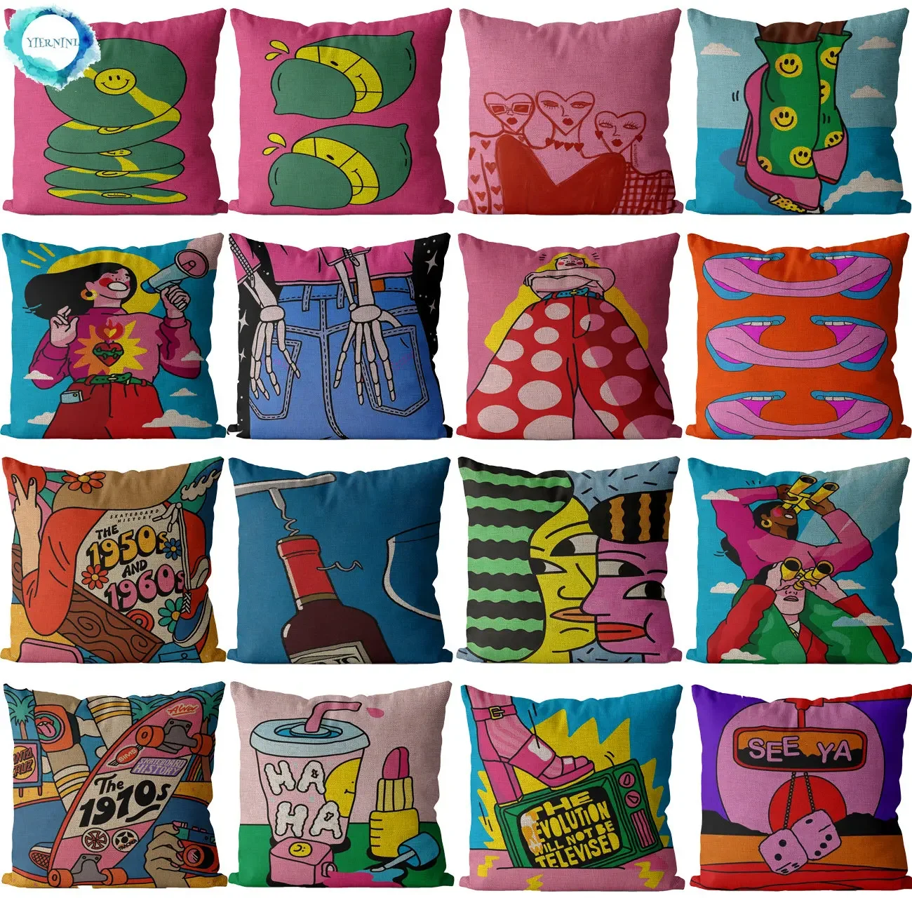 Cartoon Funny Vintage Print Pattern Sofa Cushion Cover Pillow Case Home Decoration Party Car Bedding