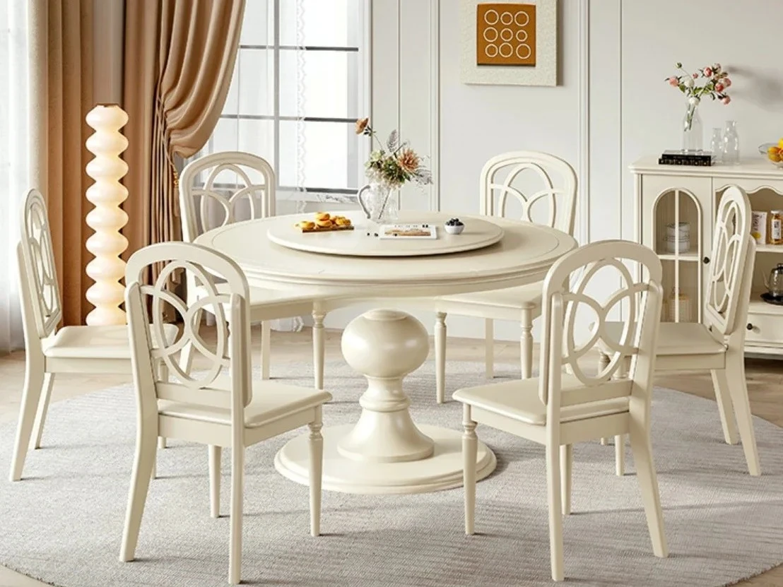 

FG28Cream Style Solid Wood Round Table Simple White Small Apartment with Turntable