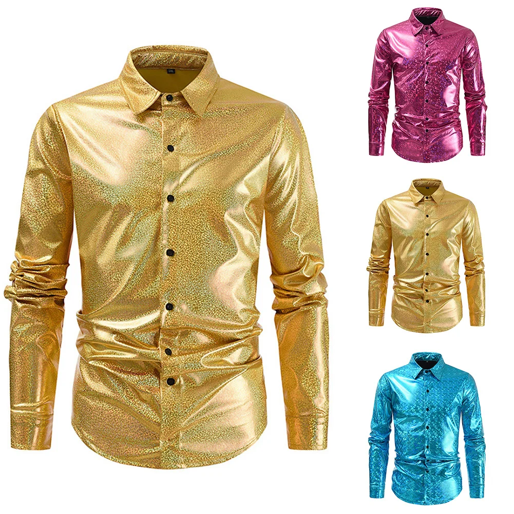 قميص رجالي للحفلات بأكمام طويلة، قميص نادي للعطلات، ياقة طية صدر السترة، نسيج بوليستر، مقاس نحيف للحفلات، طول عادي #6