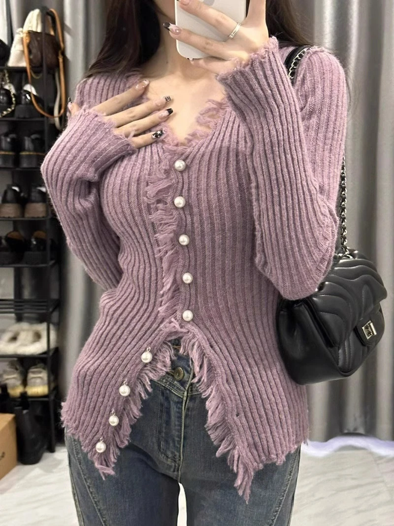 

Women's V-neck Fringed Knitwear Cardigan Long Sleeve Slim Fit Design Sense Long Autumn New Style Fashion Outerwear Top