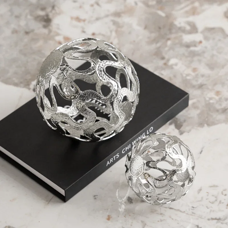 Hollow Metal Ball Wave-shaped Silver Ball Sphere Silver Circle Metal Handicrafts Figurine Home Decoration Accessories