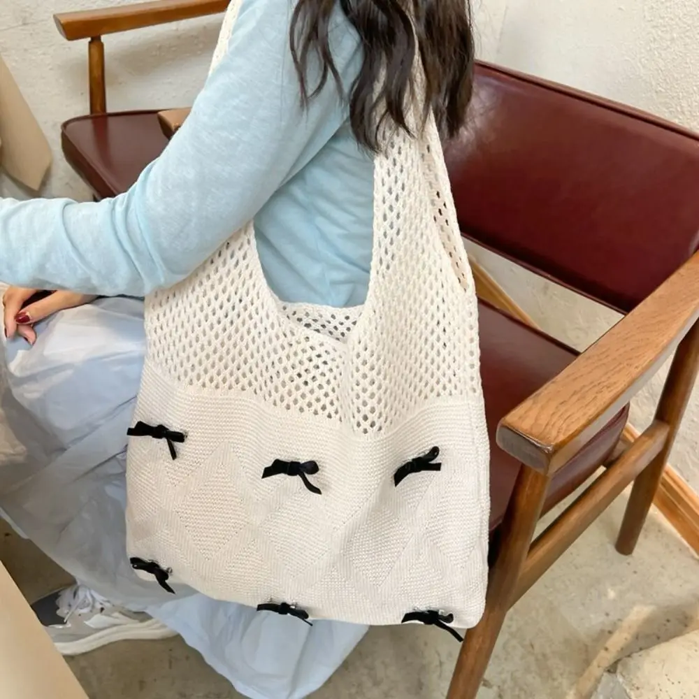 Fashionable Shoulder Bags New Solid Color Hollow Out Tote Bags Open Top Bow shaped Decoration Knitted Handbags Spring