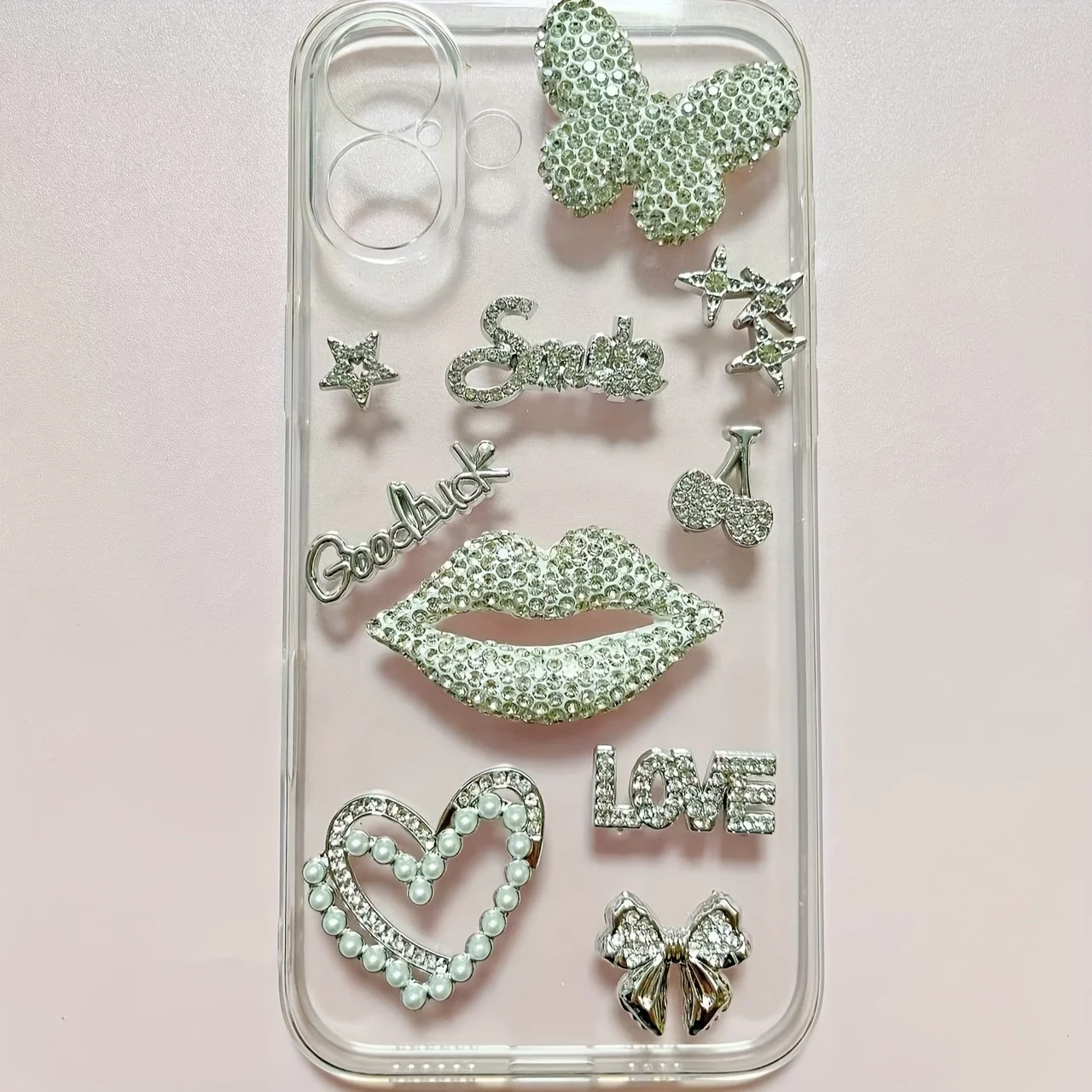 

New One Set Ribbon Love Heart Red Lips Rhinestone Crown Mirror Egg Flowers Butterfly Decorations Diy Junk Phone Case Charms