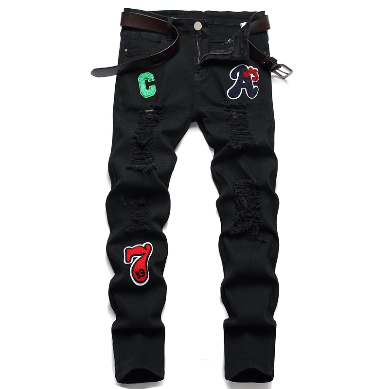 

Men's Jeans 2022 New Monogrammed Black Trousers Mid-Waist Slim Stretch Pencil Pants Fashion Ripped Clothing