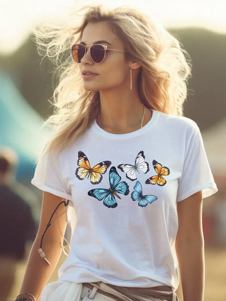 

Женская футболка с мотивом бабочки и принтом бабочки, женский повседневный летний топ с короткими рукавами в стиле Харадзюку, уличная одежда, футболки