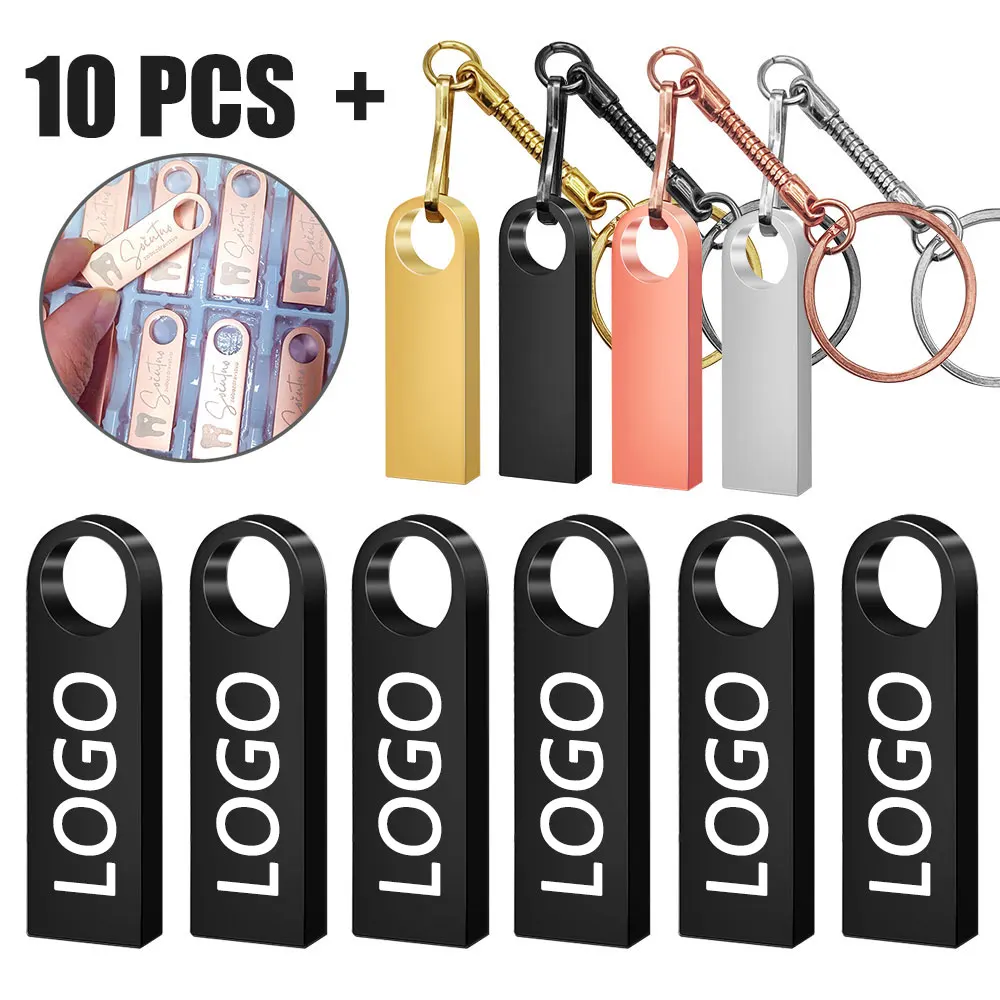 Metal USB Flash Drive, Pendrive, Memory Stick, Thumb, Presentes, 1GB, 2GB, 4GB, 8GB, 16GB, 32GB, 64GB, 10Pcs Pack