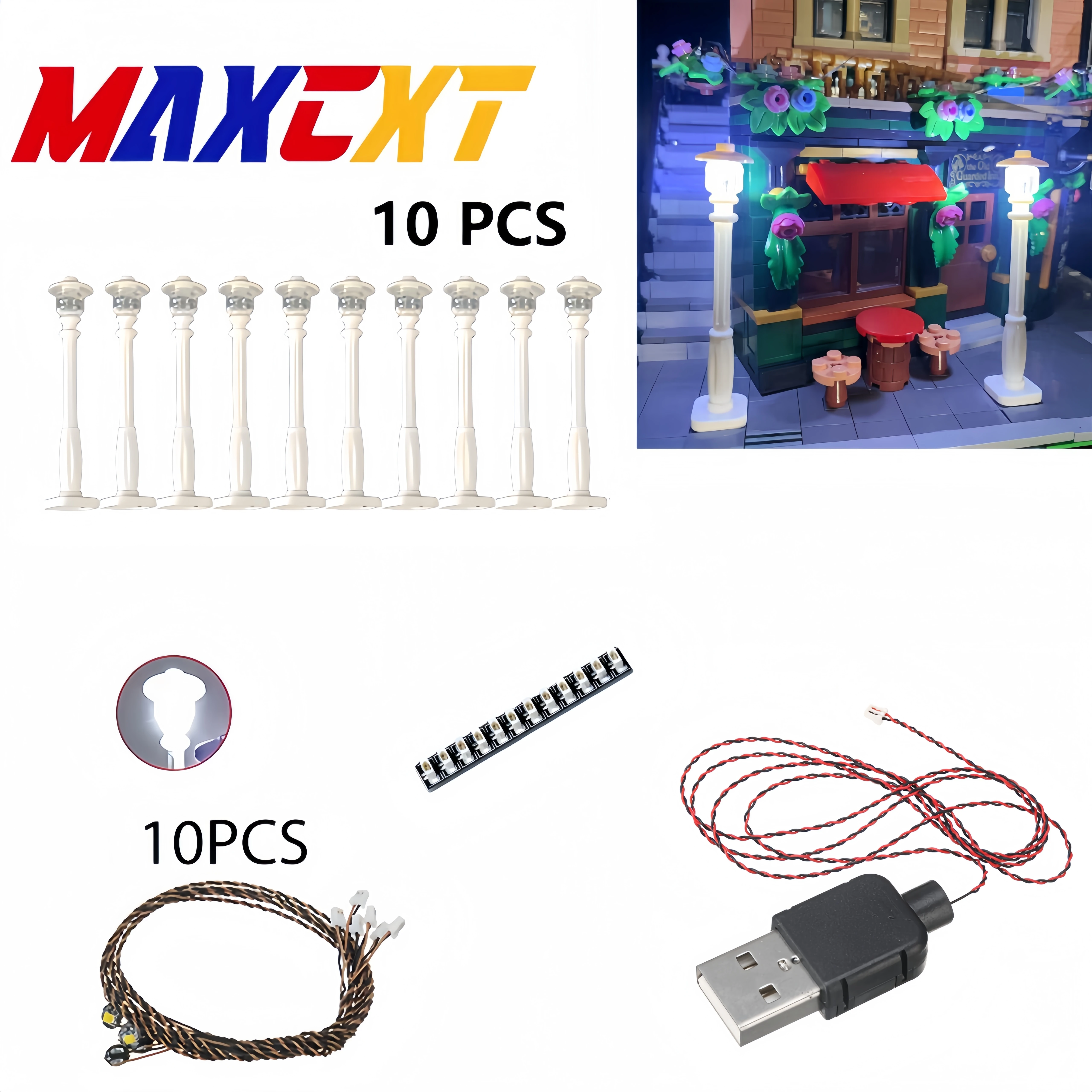 10 قطعة ضوء شارع المدينة Led مصباح مكعبات البناء MOC متوافق مع الطوب مدعوم كابل USB (باستثناء البطارية)