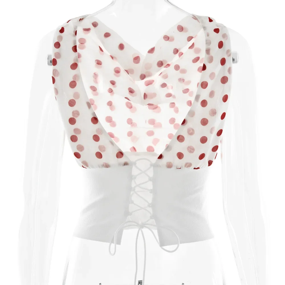Polka Dots Print Patchwork Chiffon Crop Top Women Sexy Oblique Shoulder Sleeveless Lace Up Backless Blouse Casual Streetwear Tee
