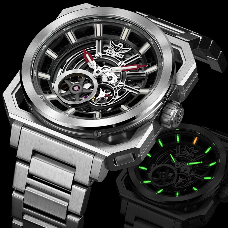 YELANG Men Military Watch 42.2mm Square Automatic Mechanical Wristwatch 10ATM Waterproof Skeleton 100 Luminous Sapphire 82S5 