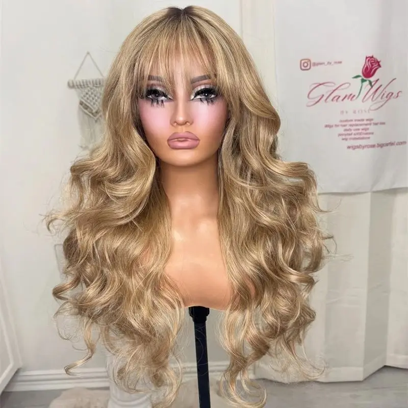 

Long Body Wave Wig Ombre Caramel Brown Blonde Highlight Lace Frontal Wig with Bangs Heat Resistant Wig Party Daily Cosplay Used