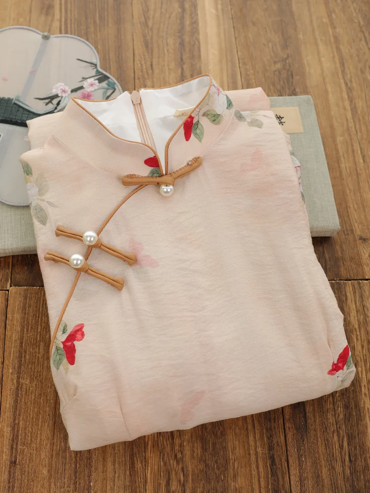 

Young Women's Retro Light Pink New Chinese Sle ort Sve Qipao 2026 Spring Summer New Daily Wear Qipao by Qiangnayu