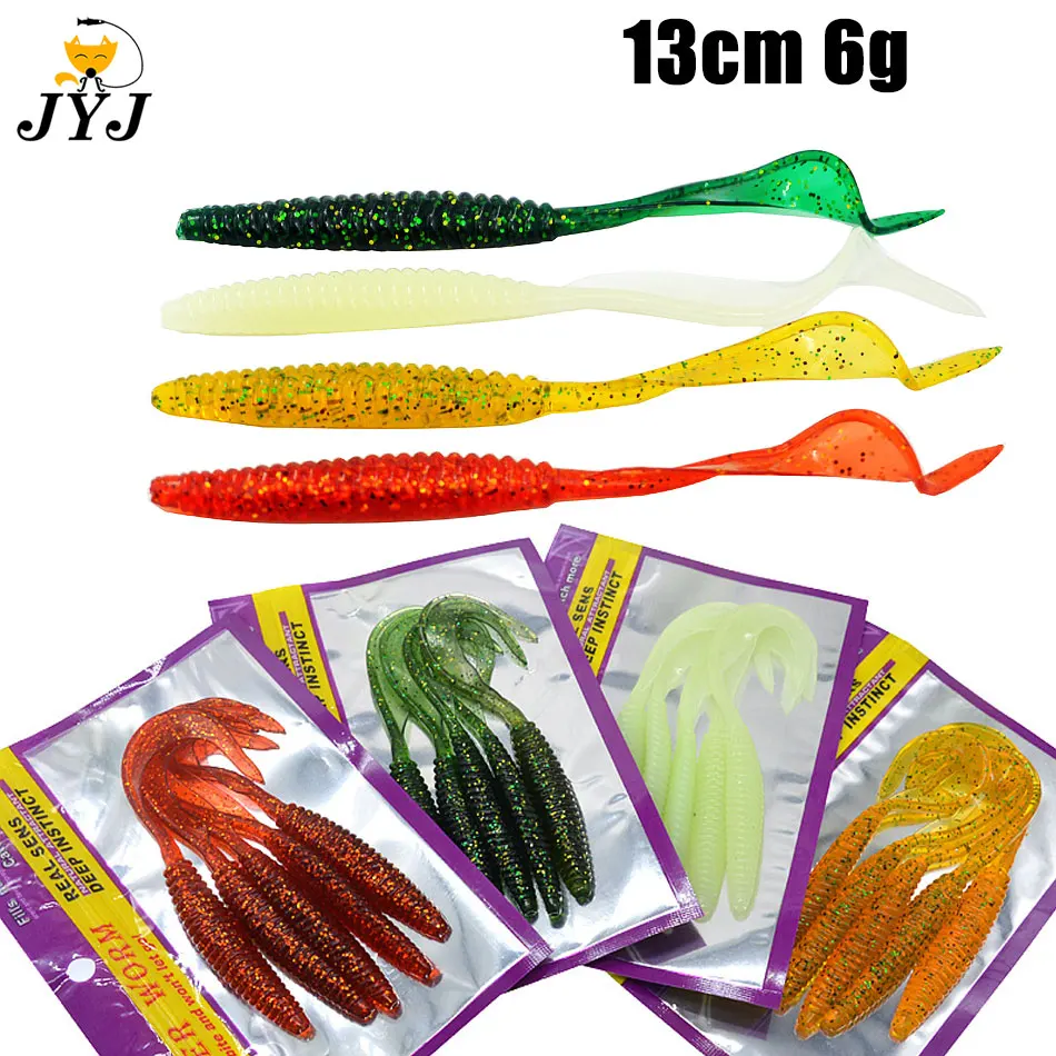 JYJ Long Tail Fishing Lure Soft Bait 5 pieces a bag 13cm 6g Screw Thread Single Sickle Tails Worm Grub Artificial Lures for bass