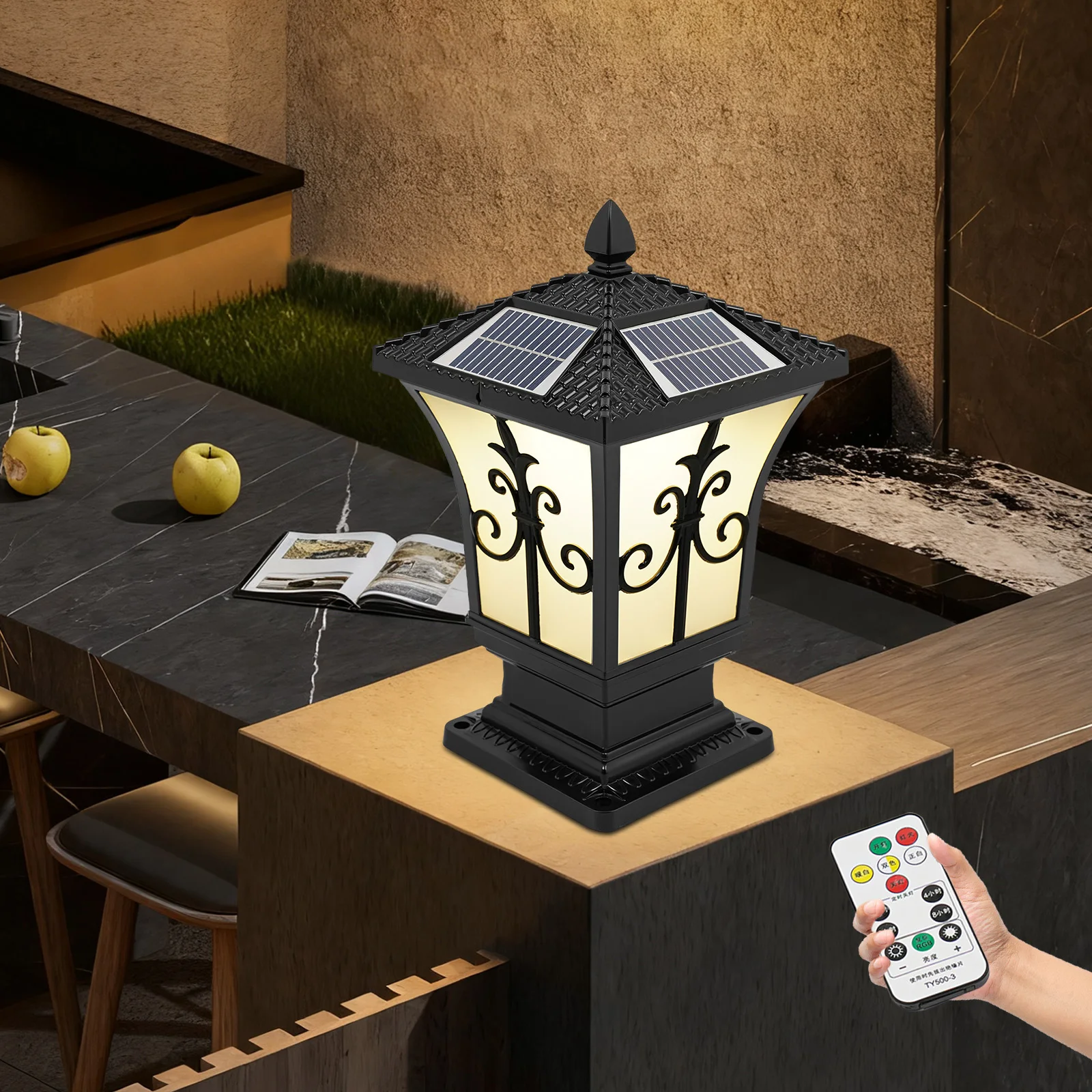 Elegante lampada da palo: design nero/bianco, illuminazione soffusa per giardino/camino, durevole e artistico