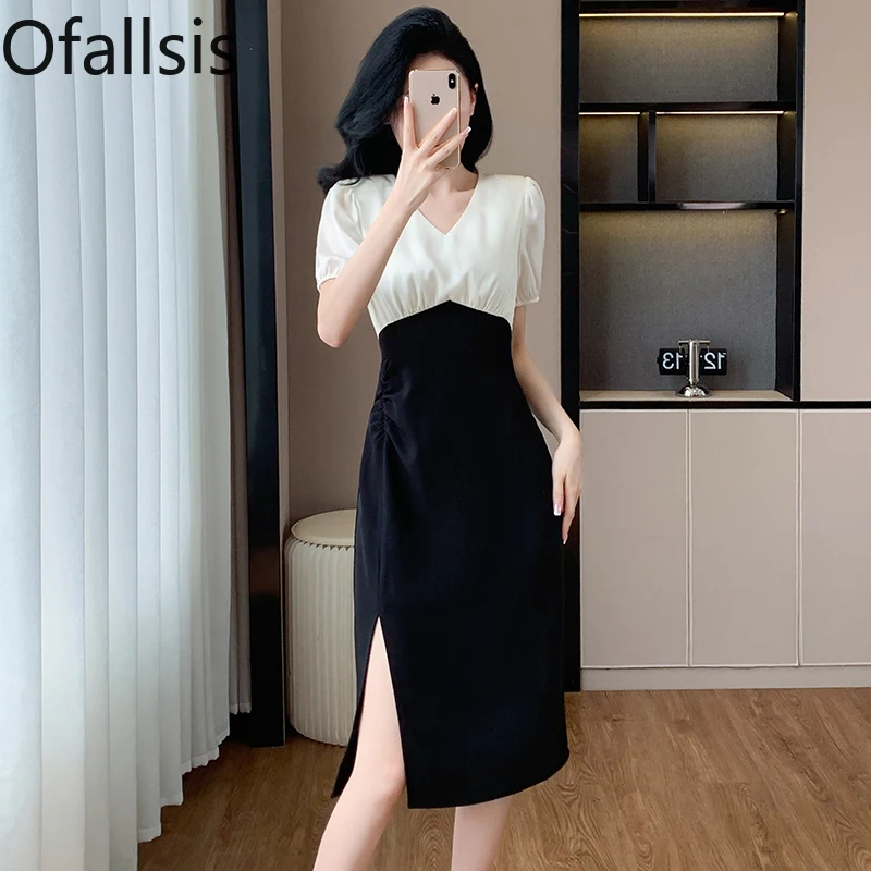 Ofallsis 하이 엔드 프렌치 스타일 V넥 블랙 화이트 원피스, 대비되는 반팔 허리 플리츠 스플릿 드레스, 2024 여름 신상