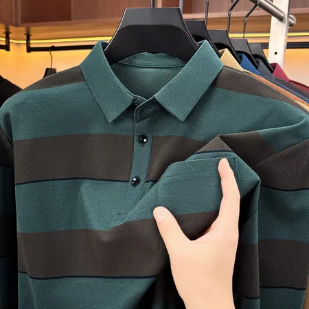 Einfaches Herren-Poloshirt mit langen Ärmeln, Kragen, Brusttasche, Knopfleiste, für Büro, Frühling, Herbst, Freizeit. – Detail 3
